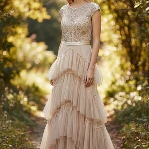 City Studio Champagne Sequin Tulle Tiered Maxi Dress NWT 5/6